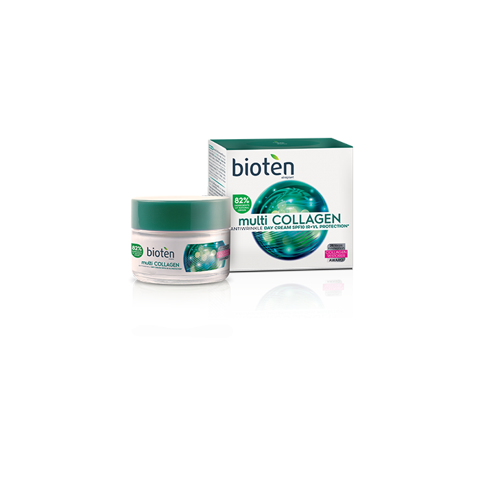 Bioten Multi Collagen дневен крем против бръчки, със слънцезащитен фактор SPF 10 и защита от инфрачервени, слънчеви лъчи.