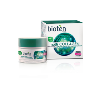Bioten Multi Collagen дневен крем против бръчки, със слънцезащитен фактор SPF 10 и защита от инфрачервени, слънчеви лъчи.